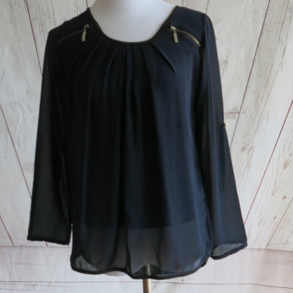 COPY - Femme Faux Leather Trim Sheer Long Folded Sleeve Pleated Top Blouse - S/M